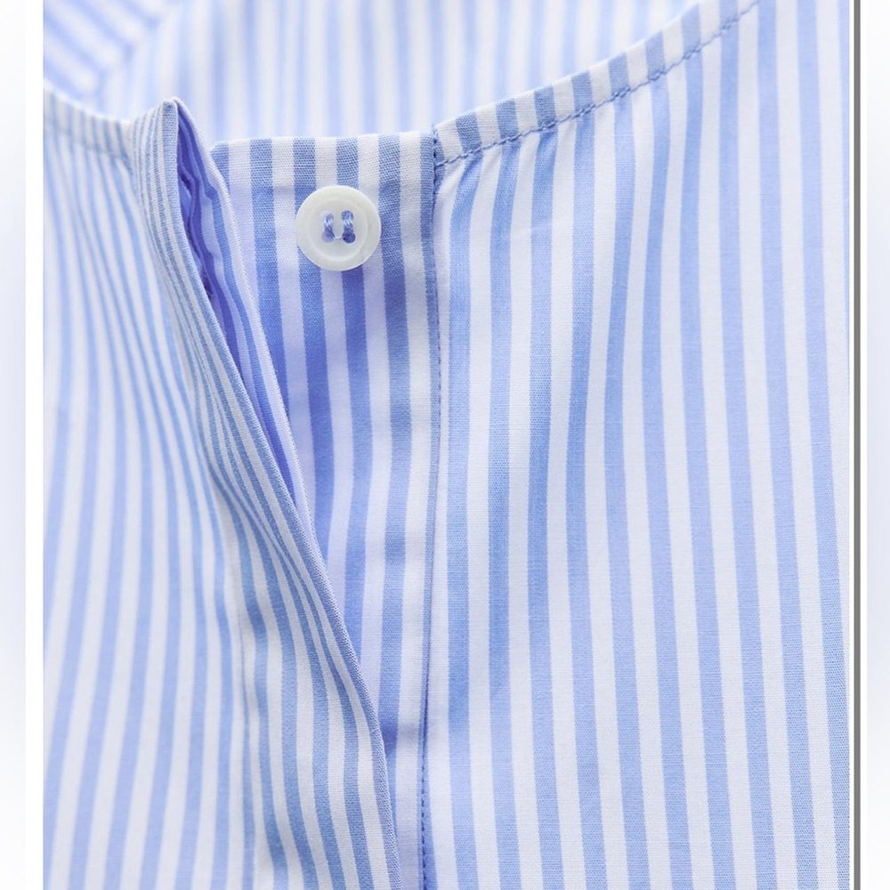 Zara Cotton Puff Sleeve Blouse Blue Stripe Small - Picture 3 of 9